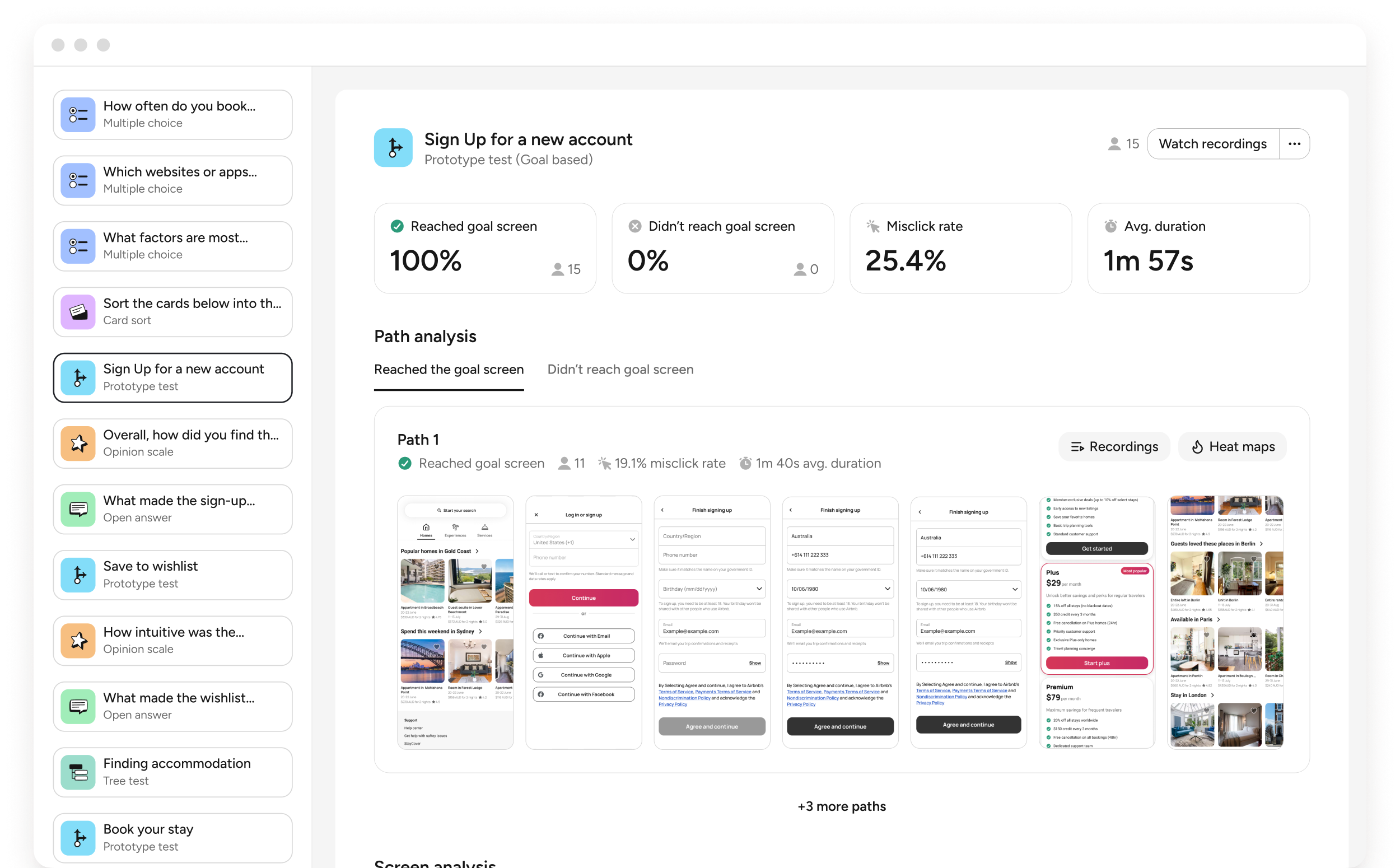 Askable user research platform — prototype testing path analysis dashboard