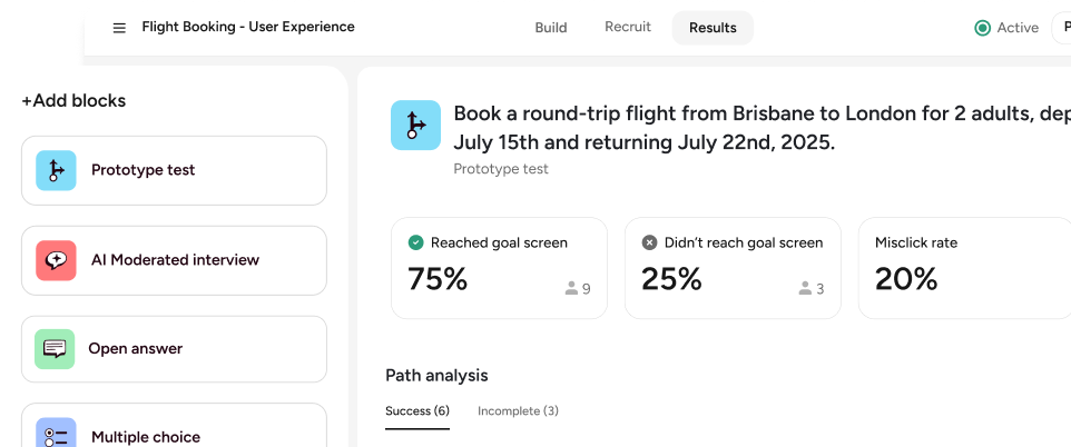 Askable platform — results dashboard with goal completion rate and path analysis